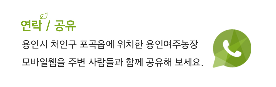 연락 / 공유
			용인시 처인구 포곡읍에 위치한 용인여주농장
			모바일웹을 주변 사람들과 함께 공유해 보세요. 
			